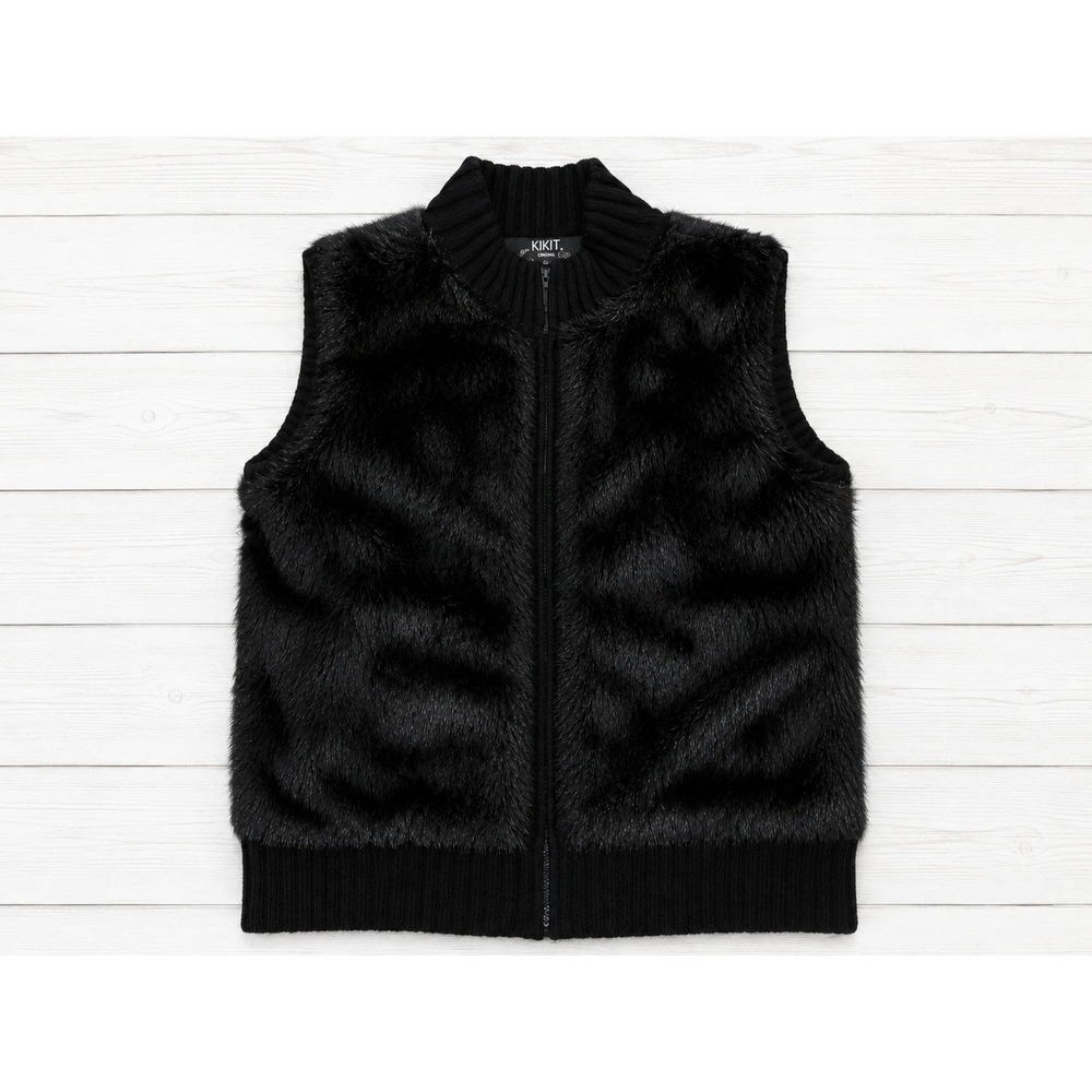 KIKIT Faux Fur Vest Ribbed Knit Back Full Zip Black Goth Glam Large 4199